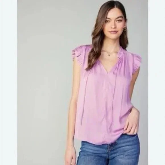 Current Air Ruffle Cap Sleeve Tie-Neck Blouse in Lavender, XS - Picture 1 of 6